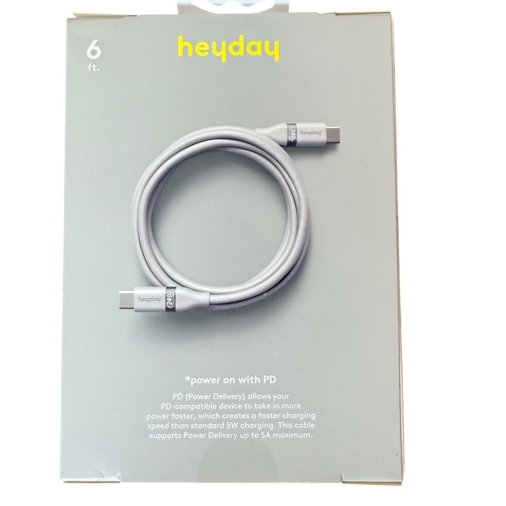 Heyday 6ft USB-C to‎ USB-C Soft-Touch Fast Charging Cable 240W PD Gray Silicone